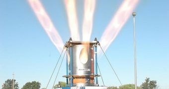 The launch abort system that is to be installed on Orion undergoes testing in California