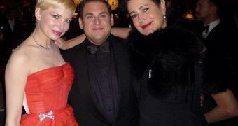 Before the arrest: Sean Young with Michelle Williams and Jonah Hill at the Oscars 2012