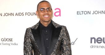 Chris Brown smiles for pictures on the red carpet at Elton John’s Oscars 2013 party