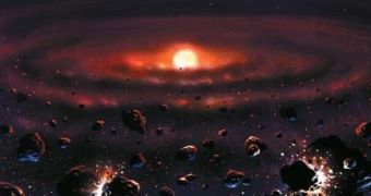 An artist's conception of the formation of the solar system. The terrestrial planets received the same combination of gases present in the solar nebula (gas cloud), but once formed, each planet's atmosphere evolved as a result of its relative gr