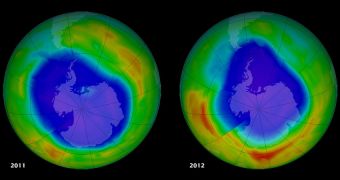 Ozone layer holes recorded in 2011 (left) and 2012