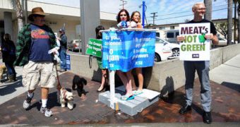 PETA members shower together in public to protest the meat industry