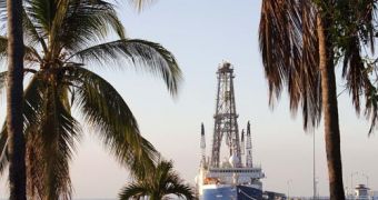 The scientific drilling vessel JOIDES Resolution in Puntarenas, Costa Rica