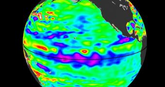 La Niña continues to strengthen in the Pacific Ocean, as shown in the latest satellite data of sea surface heights from the NASA/European OSTM/Jason-2 satellite