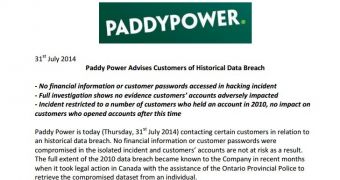Paddy Power notification for affected customers