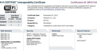 Pantech Vega IM-A860 Wi-Fi certification