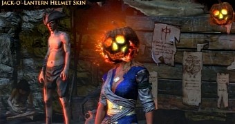 The Jack-o-Lantern helmet skin in Path of Exile