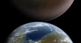 Artist's conception of a terraformed Mars in four stages of development.