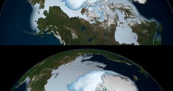 This image shows the extent of perennial ices in the Arctic in 1980 (top) and 2012. It is plainly obvious that this particular type of ice is retreating, and also that it's now only a shadow of its former self