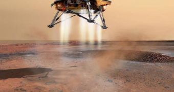 An artist's rendering of Phoenix touching down on Mars