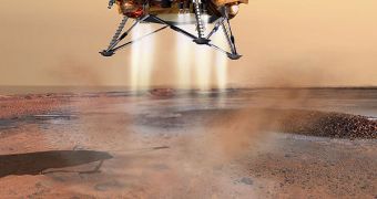 Artist's rendition of Phoenix Mars Lander on its final approach to the surface
