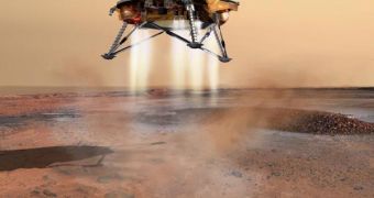 Artistic impression of the Phoenix Mars Lander landing on the surface of the Red Planet