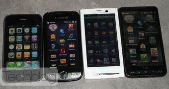 Sony Ericsson Xperia X10, the HTC HD2, the iPhone 3GS, and the Samsung Omnia II