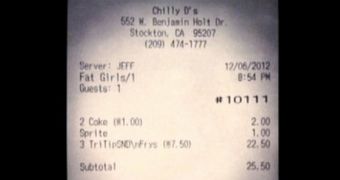 Restaurant check refers to 3 female diners as “Fat Girls”