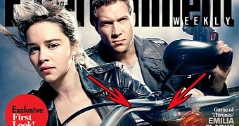 Emilia Clarke and a torso-less Jai Courtney on the EW cover for “Terminator: Genisys”