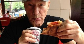 Sir Patrick Stewart enjoys a pizza slice in New York