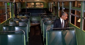 President Barack Obama on the Rosa Parks bus