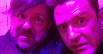 Ricky Gervais and Justin Timberlake on the floor at prestigious gala, Gervais blames the booze