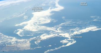 Photo shows swirls of sea ice as seen from aboard the International Space Station