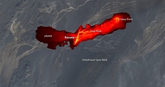 Infrared image of volcanic eruption in Iceland as seen from Space