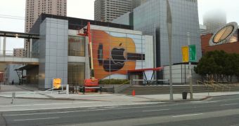 A photo of the Yerba Buena Center in San Francisco as it gets prepared for Apple's special event this week