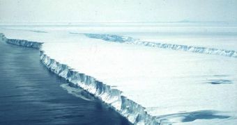 Calving front of the Pine Island Glacier's ice shelf.