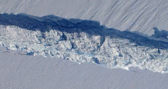 This is a portion of the rift currently separating the Pine island Glacier from a newly-forming iceberg