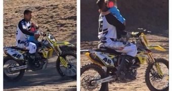 Photos of Hart and Willow on the motorcycle