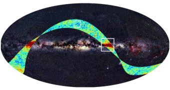 A map of the sky at optical wavelengths shows a prominent horizontal band that is the light shining from our own Milky Way. The superimposed strip shows the area of the sky mapped by Planck during the First Light Survey