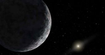 Artistic impression of Eris and the Sun in background. Eris is currently the farthest known dwarf planet slightly larger than Pluto