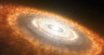 Rendition of the young Sun, surrounded by its protoplanetary disk