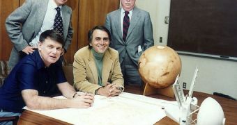 The initial founders of the Planetary Society are seen here in this 1970s photo