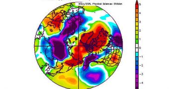 A map of the Warm Arctic-Cold Continents pattern for December 2010 shows warmer than usual air temperature (red) in the Arctic