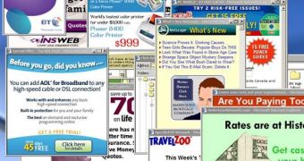 A number of pop-up ads on a computer screen, all "collected" during a session lasting a few minutes