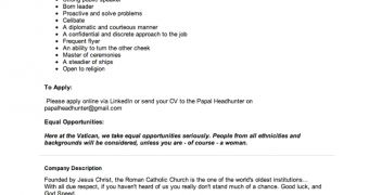 Job ad presents a job opportunity for a future pope