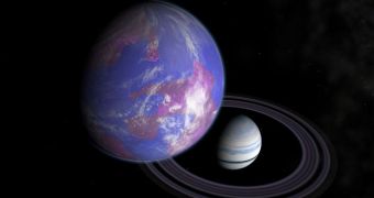 Artist's rendition of an Earth-like exomoon, orbiting a Jupiter-class exoplanet