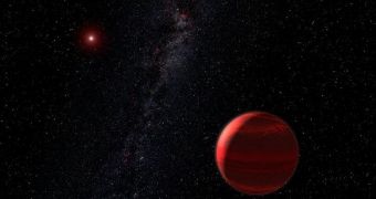 Artist's rendition of a gas giant orbiting a red dwarf