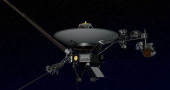 This is a rendition of the Voyager 1 spacecraft