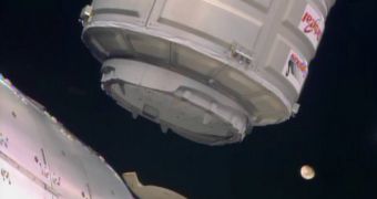Cygnus being moved into position before docking to the ISS Harmony module, on January 12, 2014