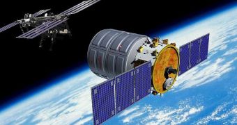 This is a rendition of the OSC Cygnus spacecraft, near the International Space Station