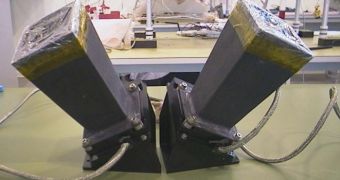 An image of Proba-1's twin startracker camera head assemblies, before integration with the MicroSat