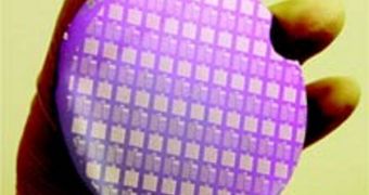 This photo shows a three-inch silicon wafer covered with an array of carbon-nanotube transistors