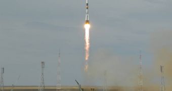 A picture of the Soyuz rocket carrying the unmanned Progress 34 module taking off from Kazakhstan