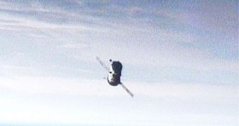 The Progress 36 spacecraft is seen here moving away from the ISS