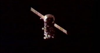 This is the RosCosmos Progress 47 capsule, seen here just before it docked to the ISS, on April 22, 2012