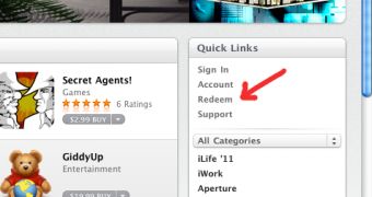 Screenshot of the Mac App Store - redeem function highlighted