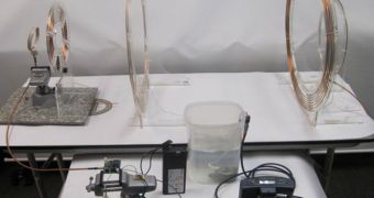 This setup includes a large transmission coil, at the right. At the left is the receiving coil, and near it is a smaller coil connected to a commercial heart pump sitting in a jar of fluid