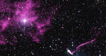 Chandra sees pulsar making a run for it from a large supernova remnant