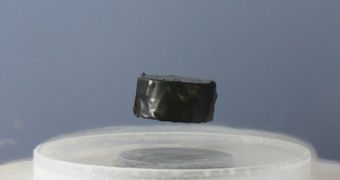 Here, a magnet levitates above a superconductor