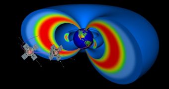 Artist's rendition of the RBSP spacecraft perched above Earth's Equator, studying the Van Allen radiation belts